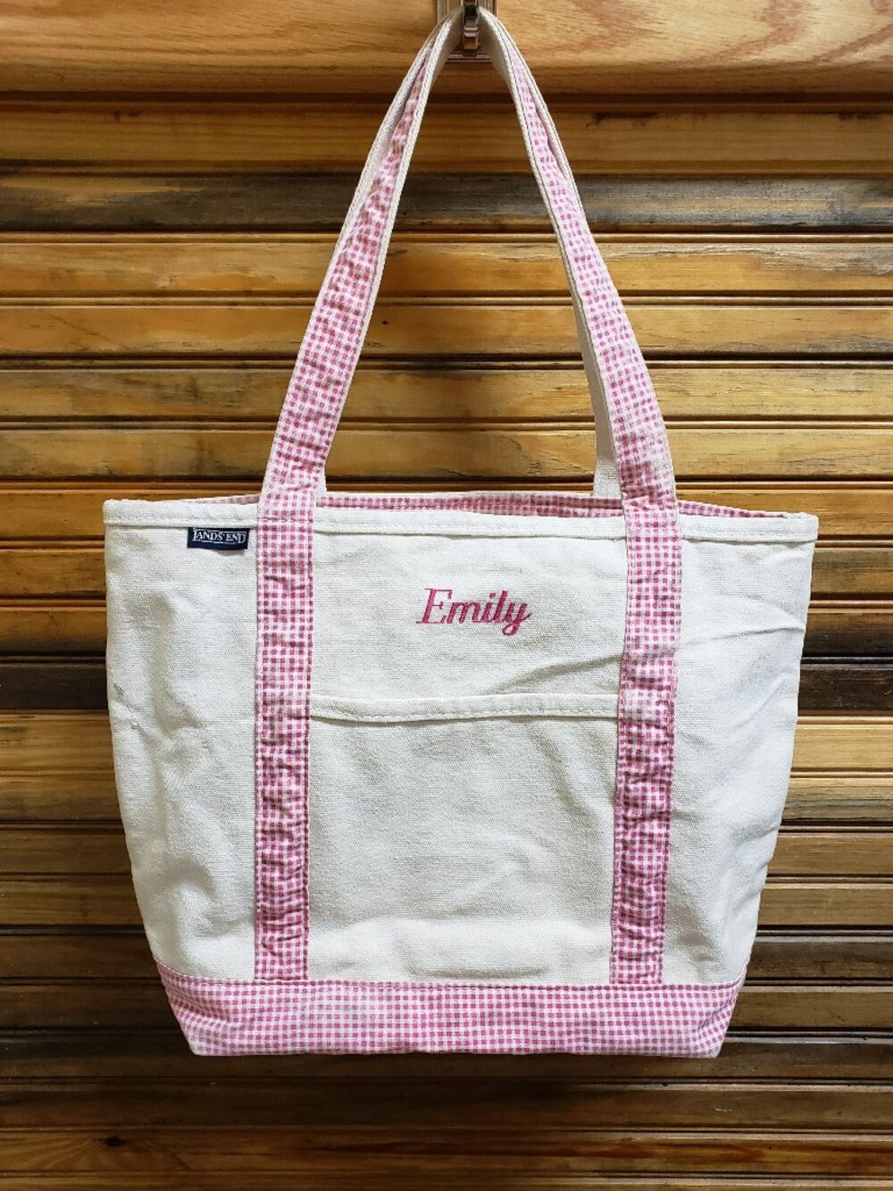 Lands' End Medium Canvas Tote Bag Pink Gingham "Emily" Personalized Monogram